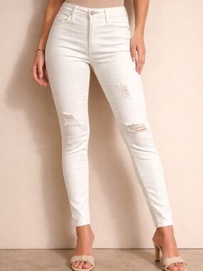 High-Rise White Distressed Skinny Jeans - Women